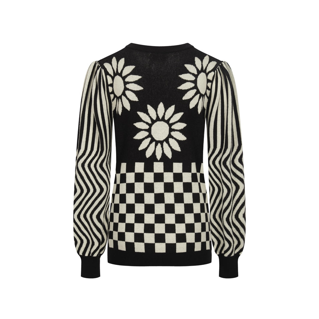 Kvinnors stickade plagg med puffärm i svart solrosjacquard