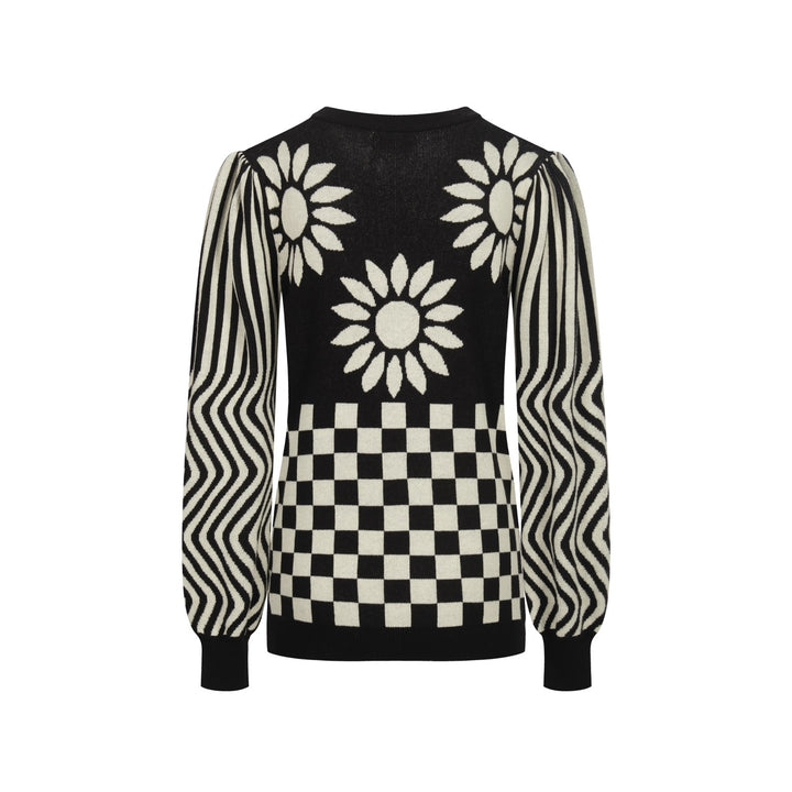 Kvinnors stickade plagg med puffärm i svart solrosjacquard
