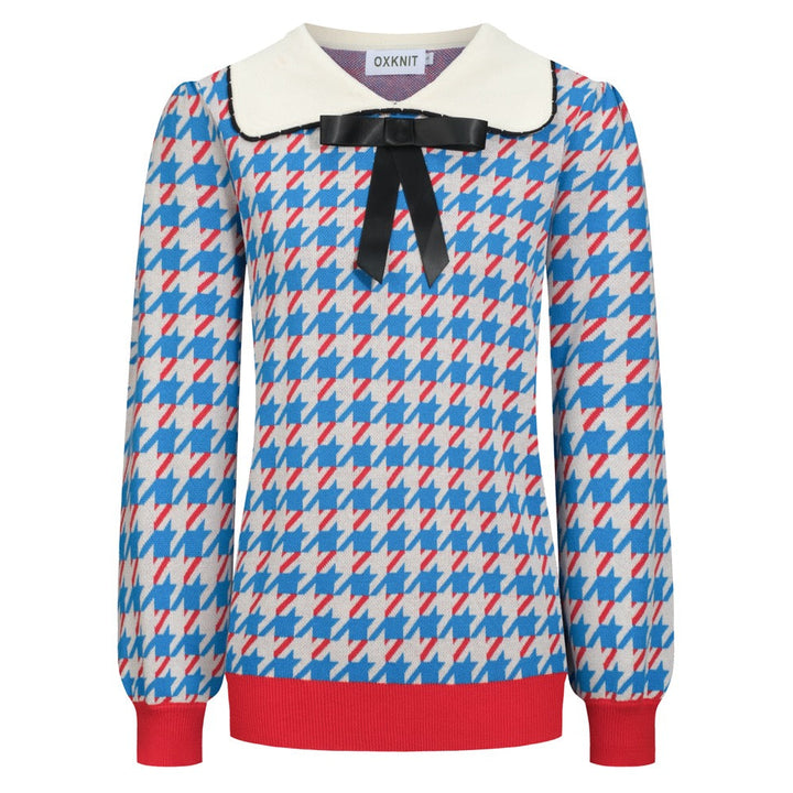 Tricot vintage à manches bouffantes pour femmes, pince à oiseaux