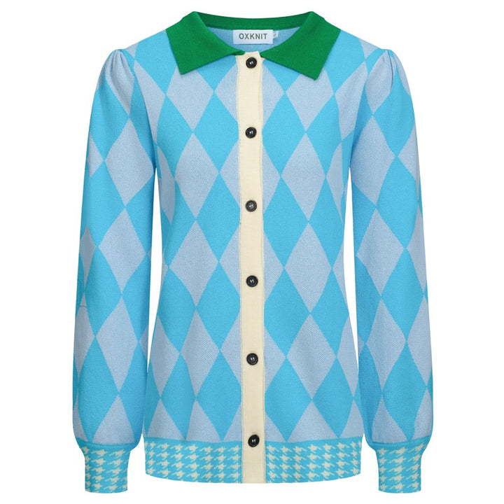 Γυναικεία πλεκτή ζακέτα με μπλε διαμάντι ζακάρ φουσκωτό μανίκι