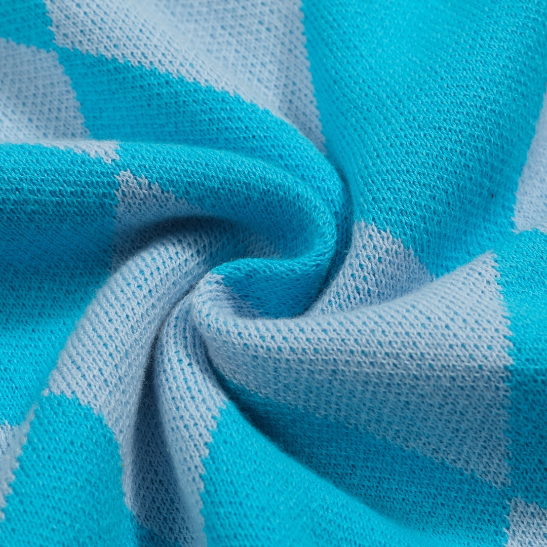 Γυναικεία πλεκτή ζακέτα με μπλε διαμάντι ζακάρ φουσκωτό μανίκι