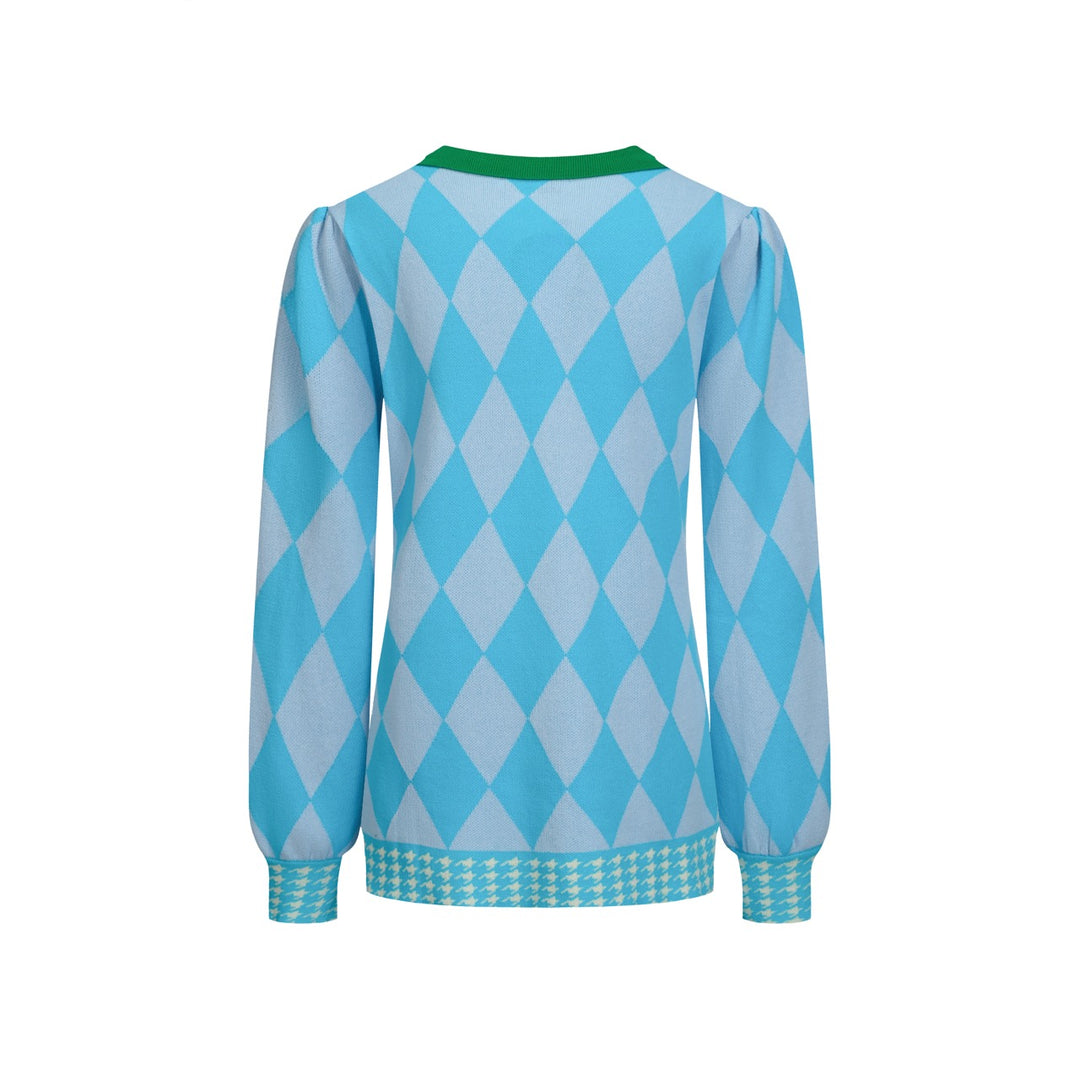 Γυναικεία πλεκτή ζακέτα με μπλε διαμάντι ζακάρ φουσκωτό μανίκι