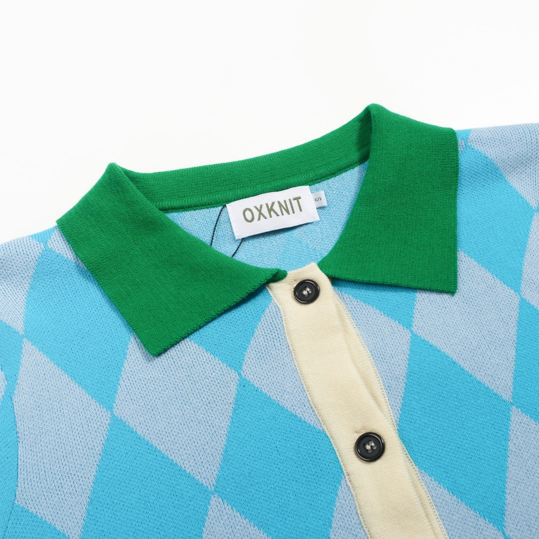 Γυναικεία πλεκτή ζακέτα με μπλε διαμάντι ζακάρ φουσκωτό μανίκι