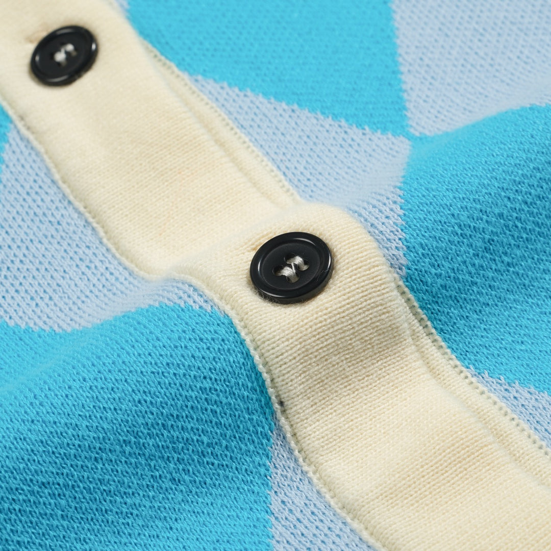 Γυναικεία πλεκτή ζακέτα με μπλε διαμάντι ζακάρ φουσκωτό μανίκι