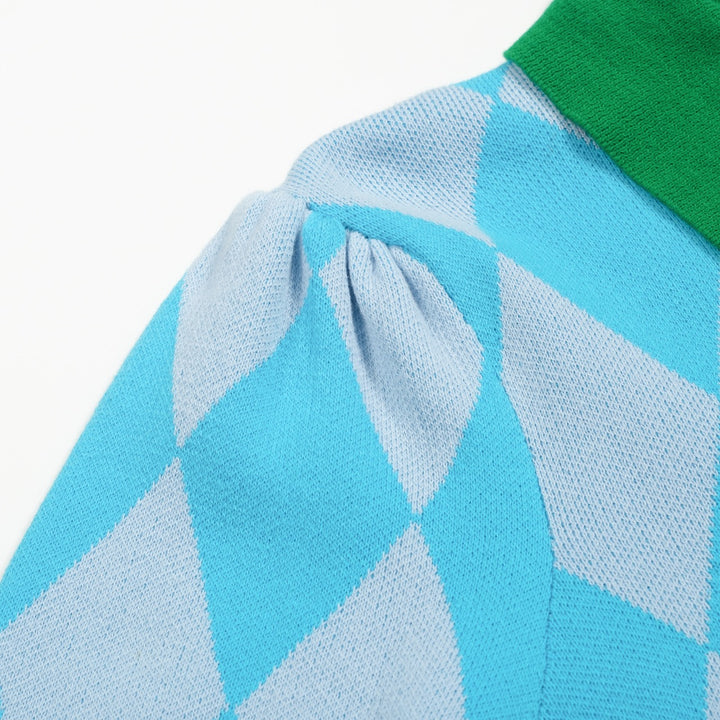 Γυναικεία πλεκτή ζακέτα με μπλε διαμάντι ζακάρ φουσκωτό μανίκι