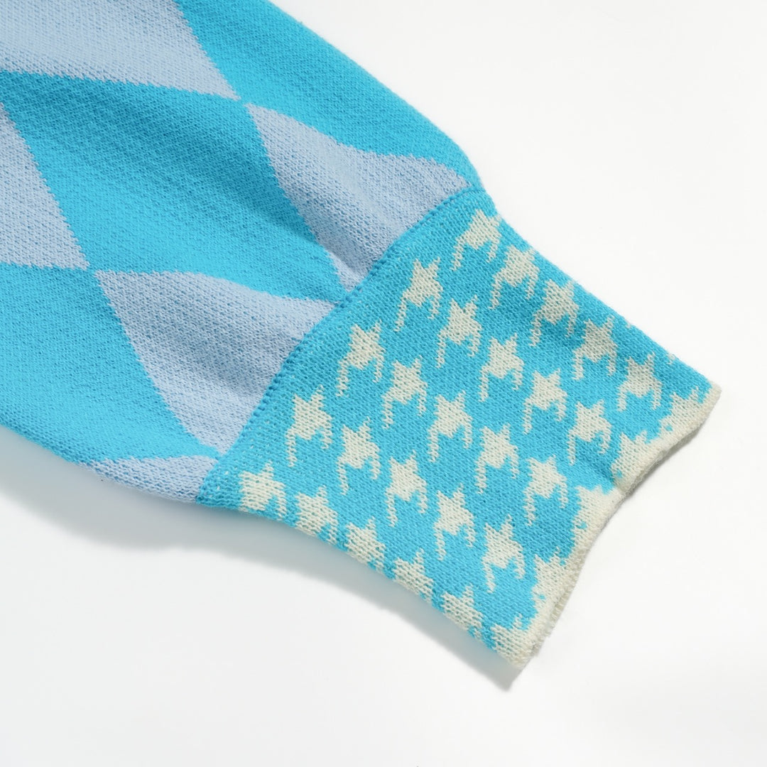 Γυναικεία πλεκτή ζακέτα με μπλε διαμάντι ζακάρ φουσκωτό μανίκι