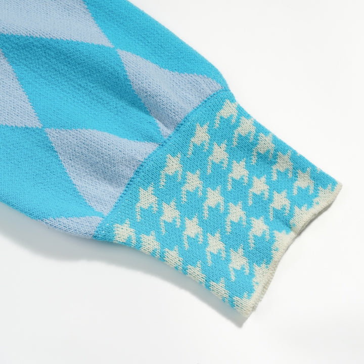 Γυναικεία πλεκτή ζακέτα με μπλε διαμάντι ζακάρ φουσκωτό μανίκι