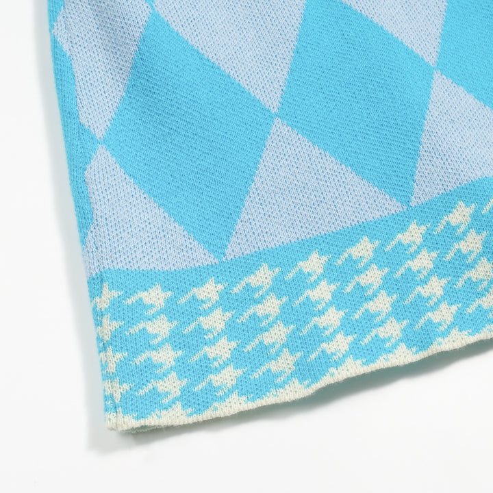 Γυναικεία πλεκτή ζακέτα με μπλε διαμάντι ζακάρ φουσκωτό μανίκι