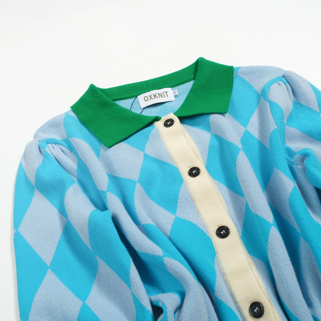 Γυναικεία πλεκτή ζακέτα με μπλε διαμάντι ζακάρ φουσκωτό μανίκι