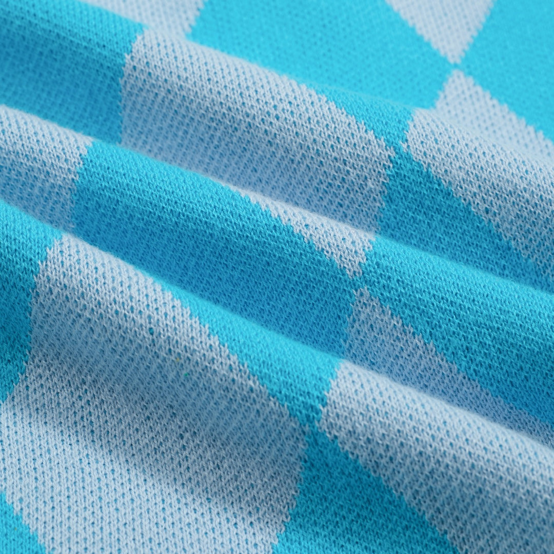 Γυναικεία πλεκτή ζακέτα με μπλε διαμάντι ζακάρ φουσκωτό μανίκι