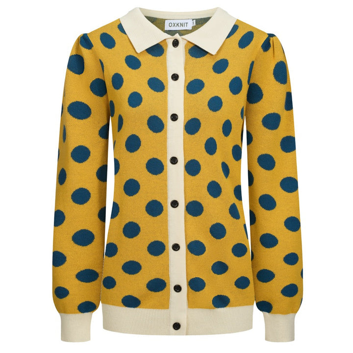 Γυναικεία πλεκτή ζακέτα με κίτρινο πουά ζακάρ φουσκωμένο μανίκι