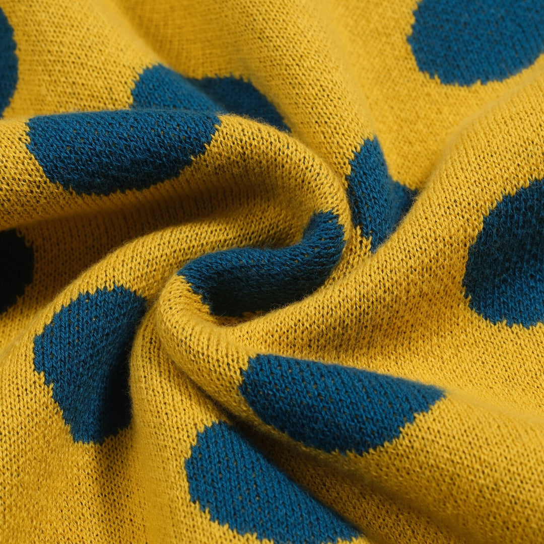 Γυναικεία πλεκτή ζακέτα με κίτρινο πουά ζακάρ φουσκωμένο μανίκι