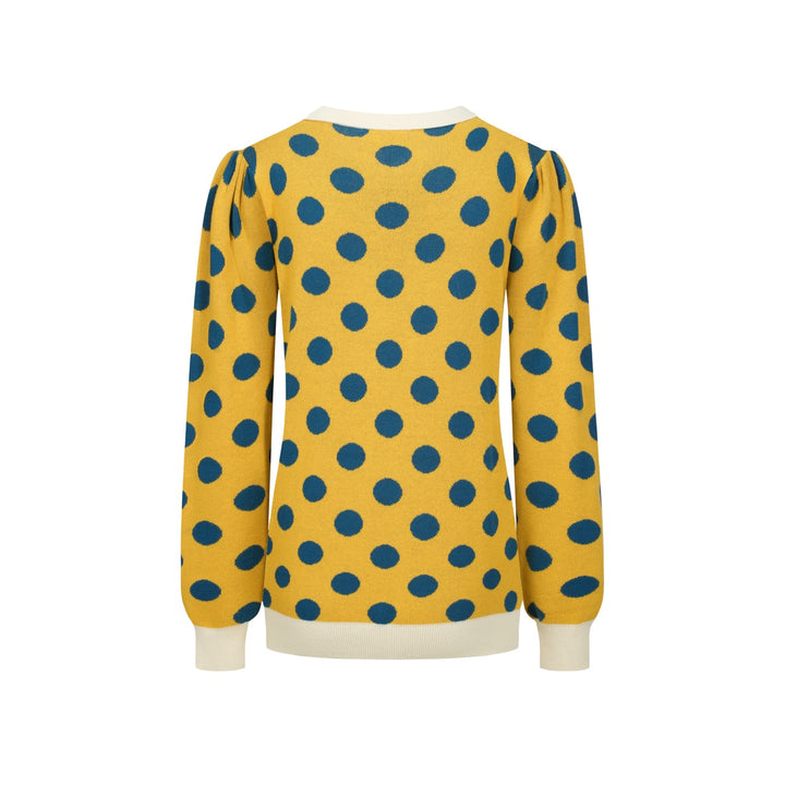 Γυναικεία πλεκτή ζακέτα με κίτρινο πουά ζακάρ φουσκωμένο μανίκι