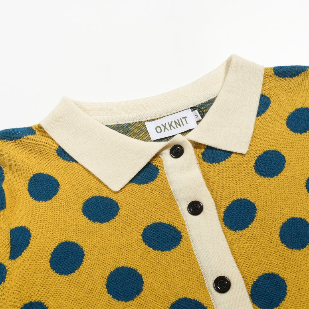 Γυναικεία πλεκτή ζακέτα με κίτρινο πουά ζακάρ φουσκωμένο μανίκι