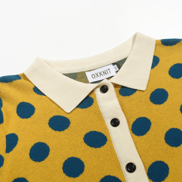 Γυναικεία πλεκτή ζακέτα με κίτρινο πουά ζακάρ φουσκωμένο μανίκι