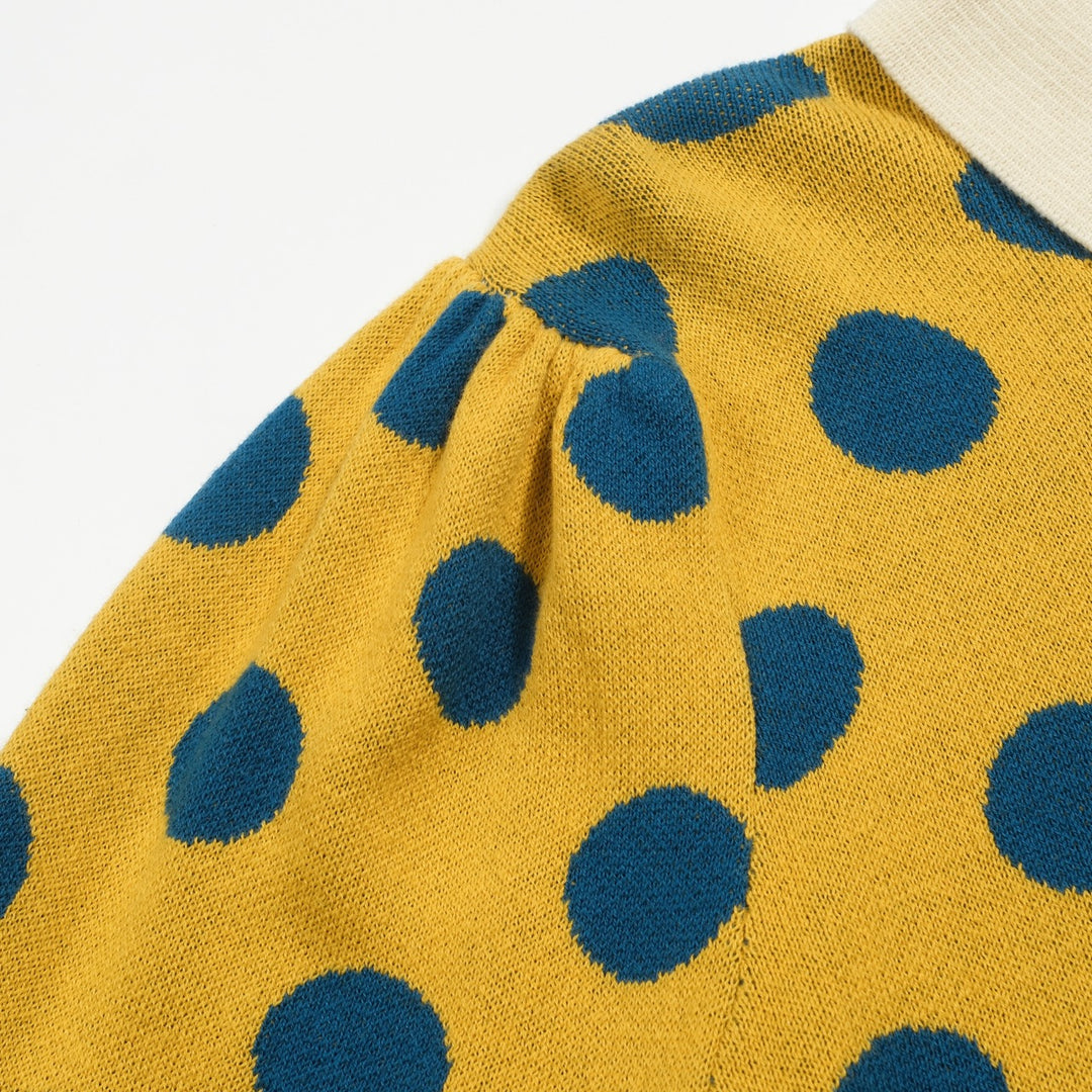 Γυναικεία πλεκτή ζακέτα με κίτρινο πουά ζακάρ φουσκωμένο μανίκι