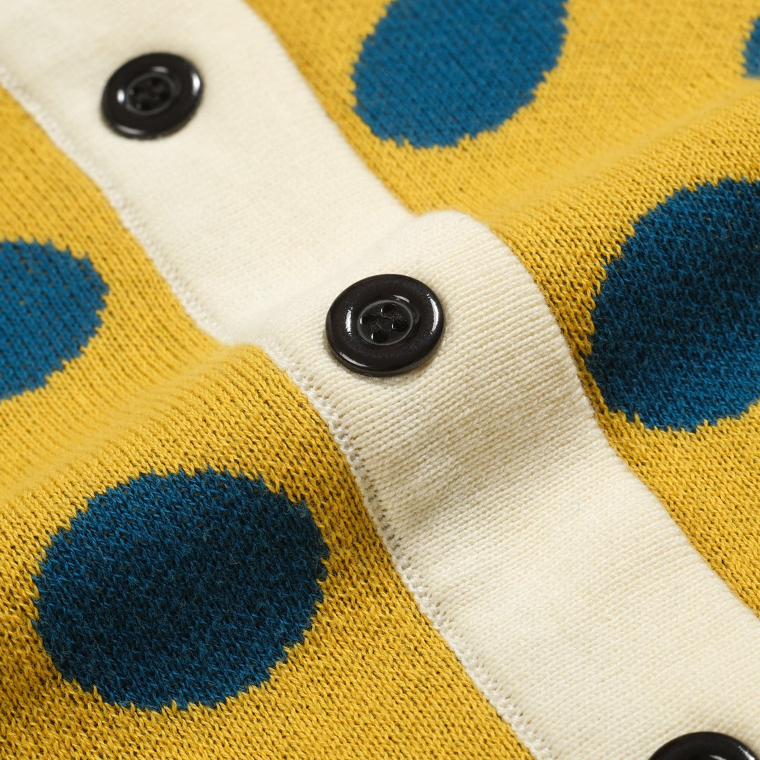 Γυναικεία πλεκτή ζακέτα με κίτρινο πουά ζακάρ φουσκωμένο μανίκι