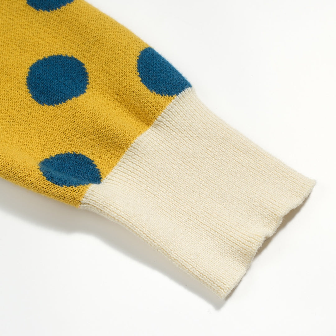 Γυναικεία πλεκτή ζακέτα με κίτρινο πουά ζακάρ φουσκωμένο μανίκι