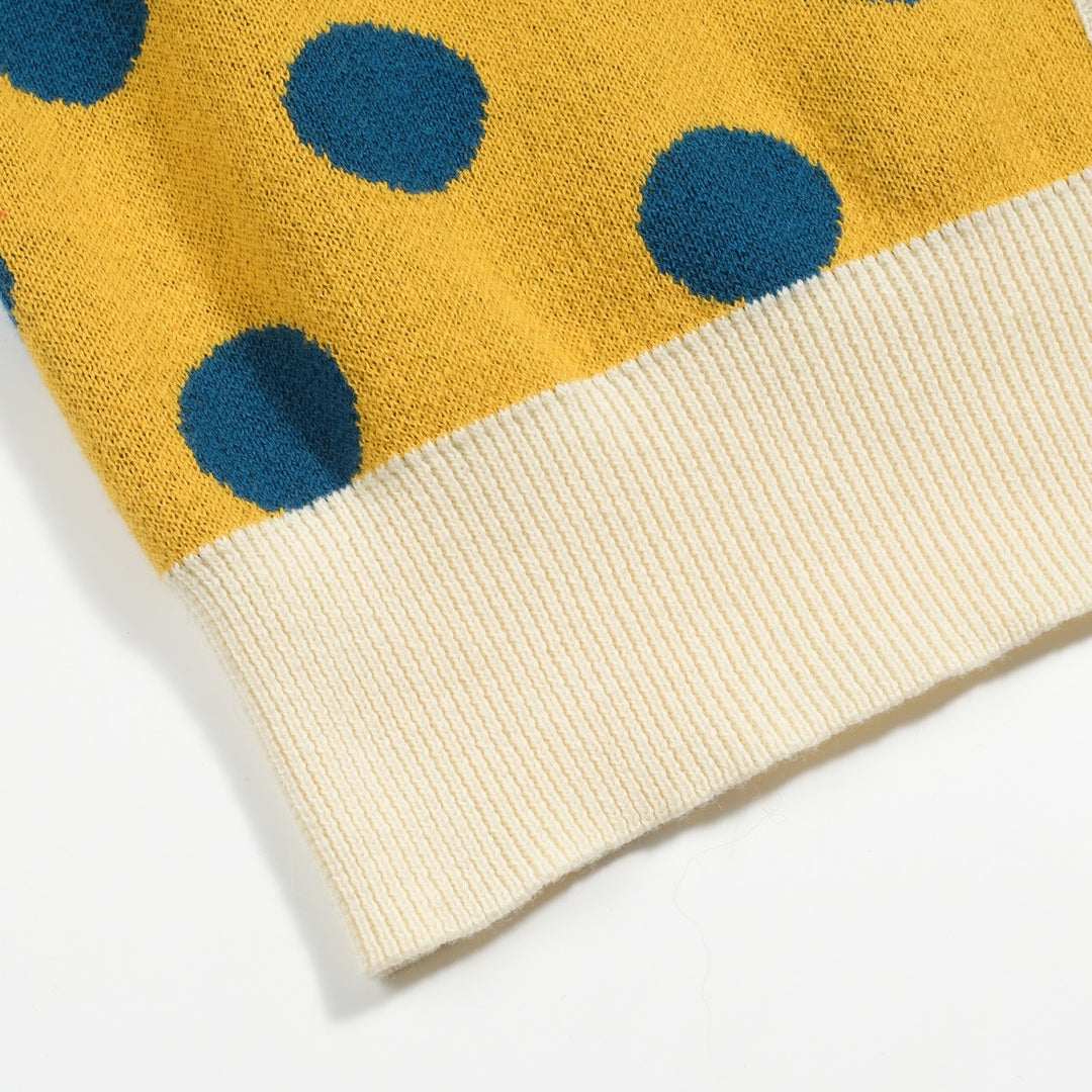 Γυναικεία πλεκτή ζακέτα με κίτρινο πουά ζακάρ φουσκωμένο μανίκι