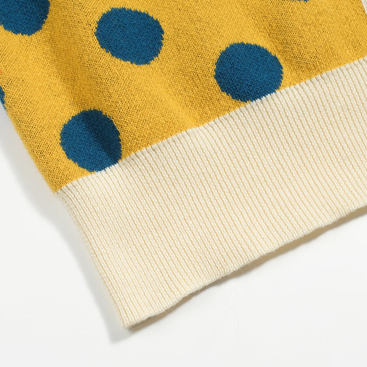 Γυναικεία πλεκτή ζακέτα με κίτρινο πουά ζακάρ φουσκωμένο μανίκι