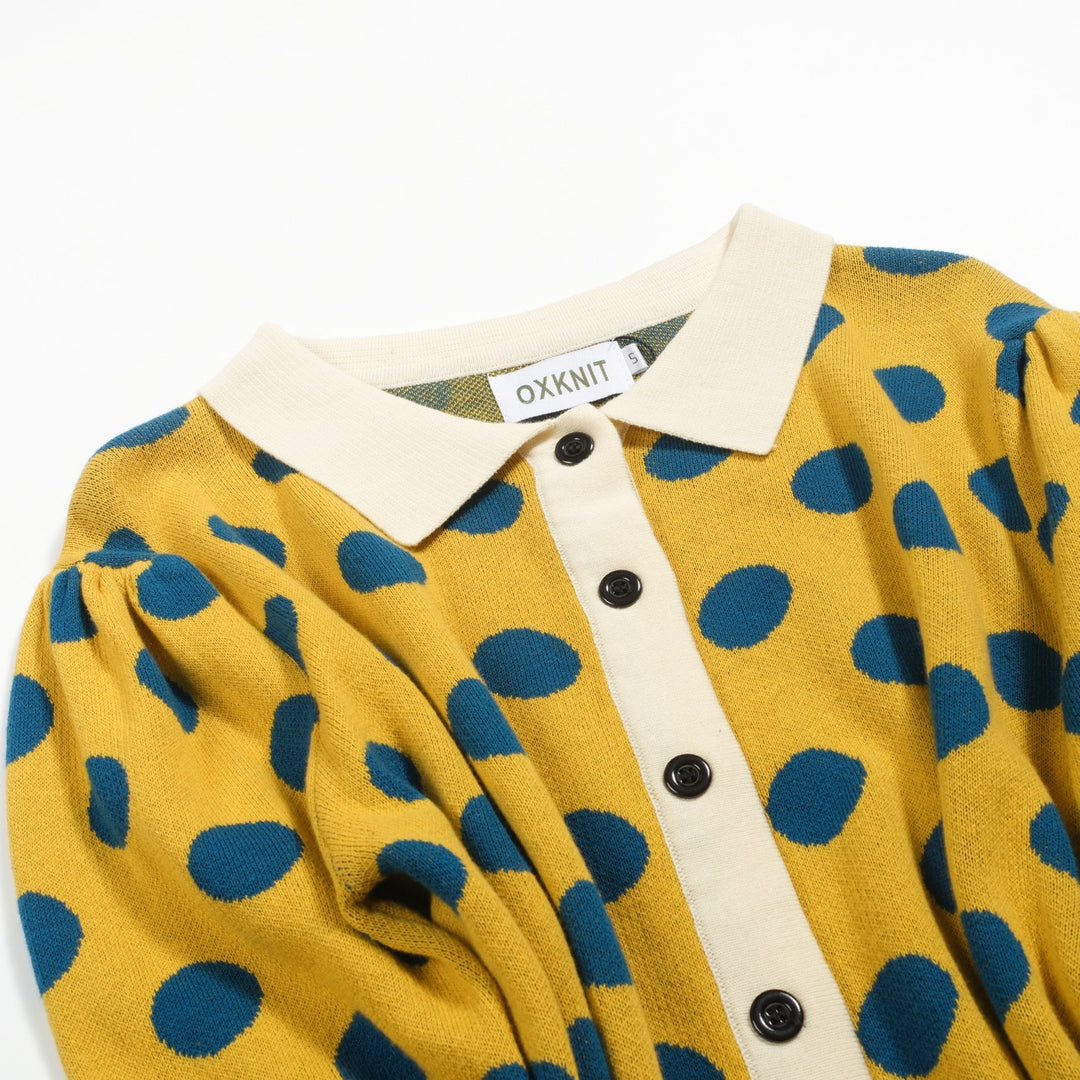 Γυναικεία πλεκτή ζακέτα με κίτρινο πουά ζακάρ φουσκωμένο μανίκι