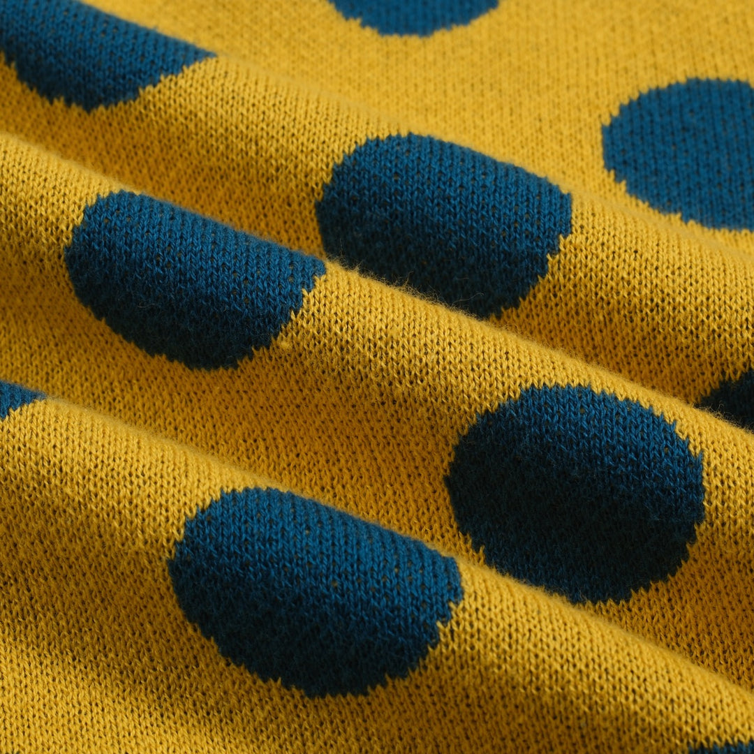 Γυναικεία πλεκτή ζακέτα με κίτρινο πουά ζακάρ φουσκωμένο μανίκι