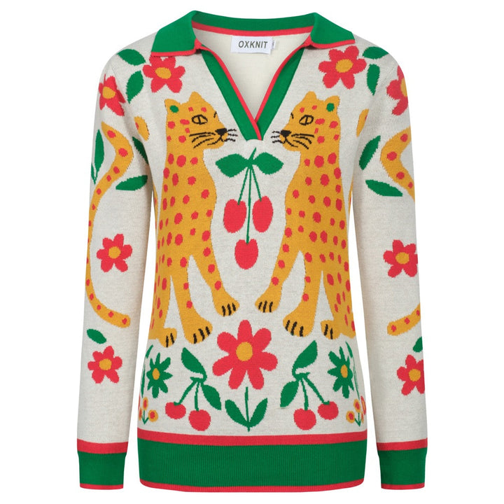 Kvinnors gröna djurblommiga jacquardstickade V-ringade plagg