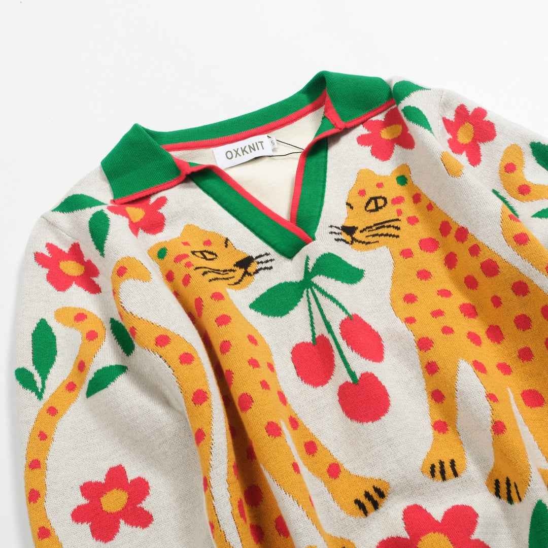 Kvinnors gröna djurblommiga jacquardstickade V-ringade plagg