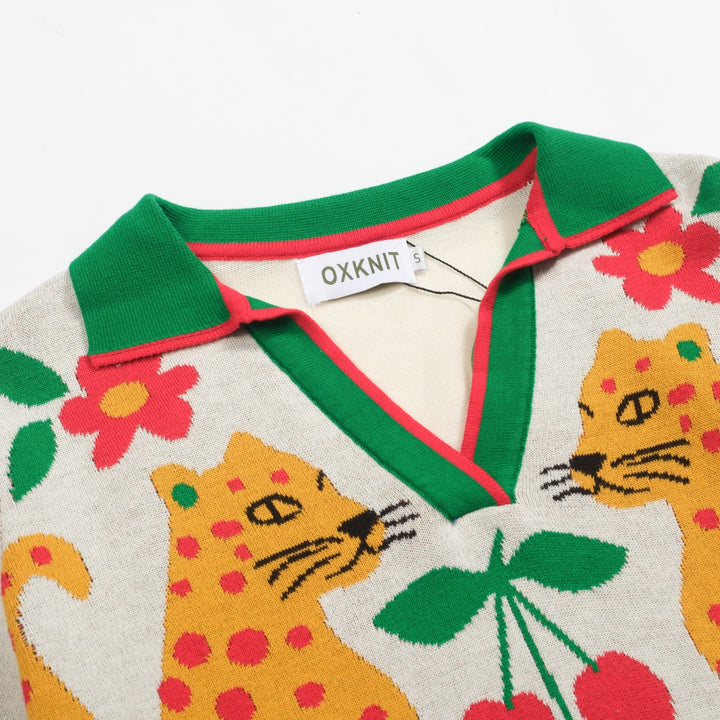 Kvinnors gröna djurblommiga jacquardstickade V-ringade plagg