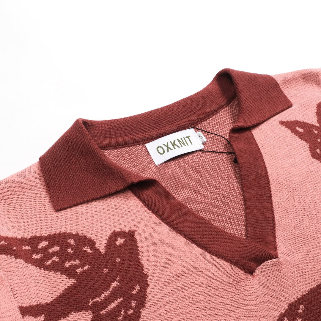 Kvinnors rosa svala jacquard stickat med V-ringad