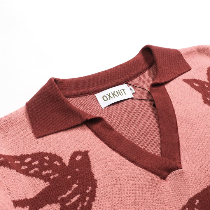 Kvinnors rosa svala jacquard stickat med V-ringad