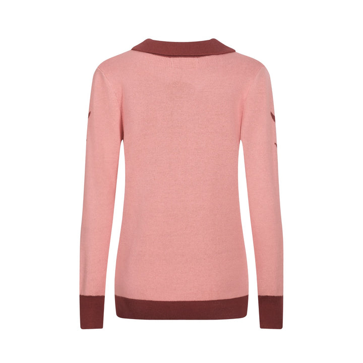 Kvinnors rosa svala jacquard stickat med V-ringad