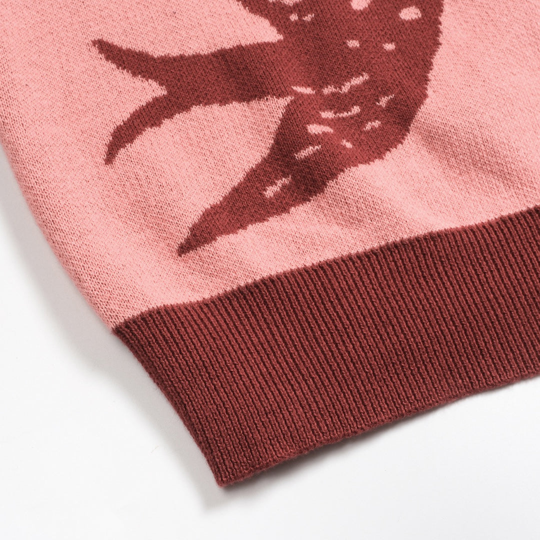 Kvinnors rosa svala jacquard stickat med V-ringad