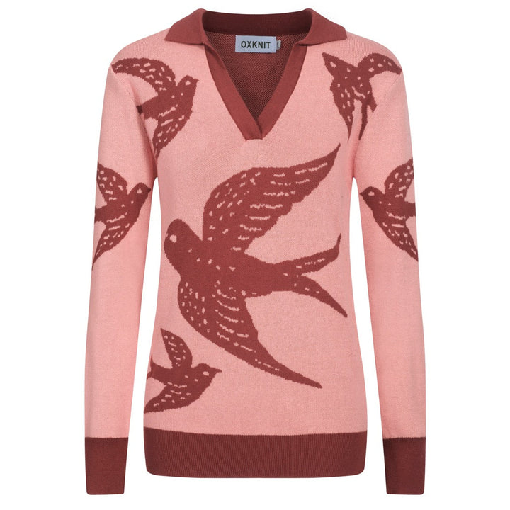 Kvinnors rosa svala jacquard stickat med V-ringad