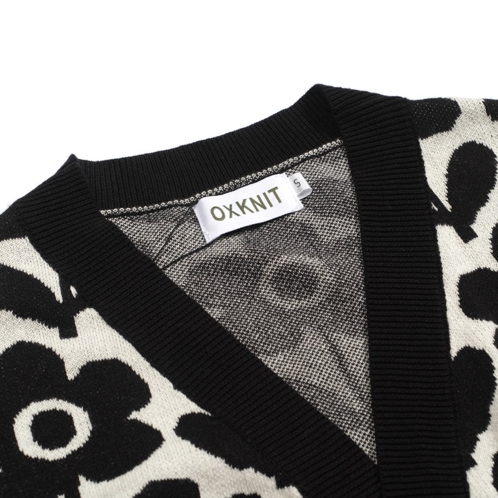 Svart blommig jacquard cardigan med fem ärmar för kvinnor