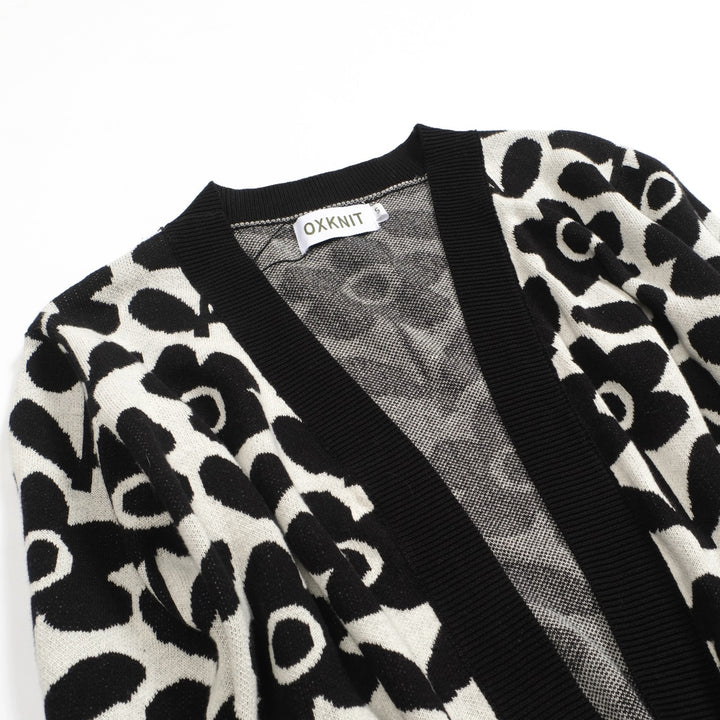 Svart blommig jacquard cardigan med fem ärmar för kvinnor