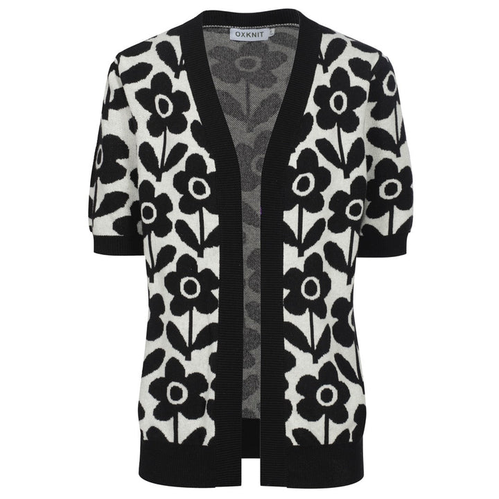 Svart blommig jacquard cardigan med fem ärmar för kvinnor