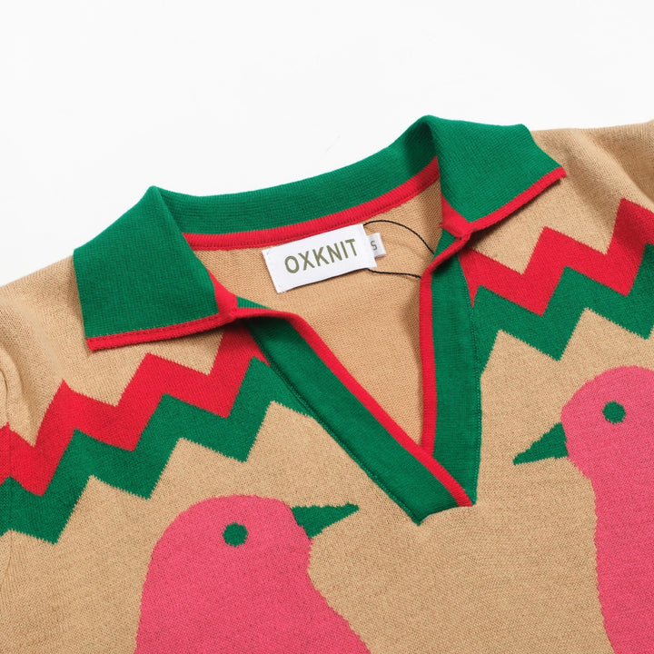 Dampikétröja med V-ringad grön djurblomma i jacquard