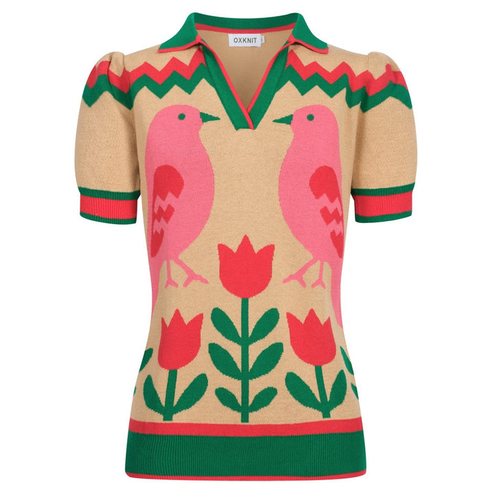 Dampikétröja med V-ringad grön djurblomma i jacquard