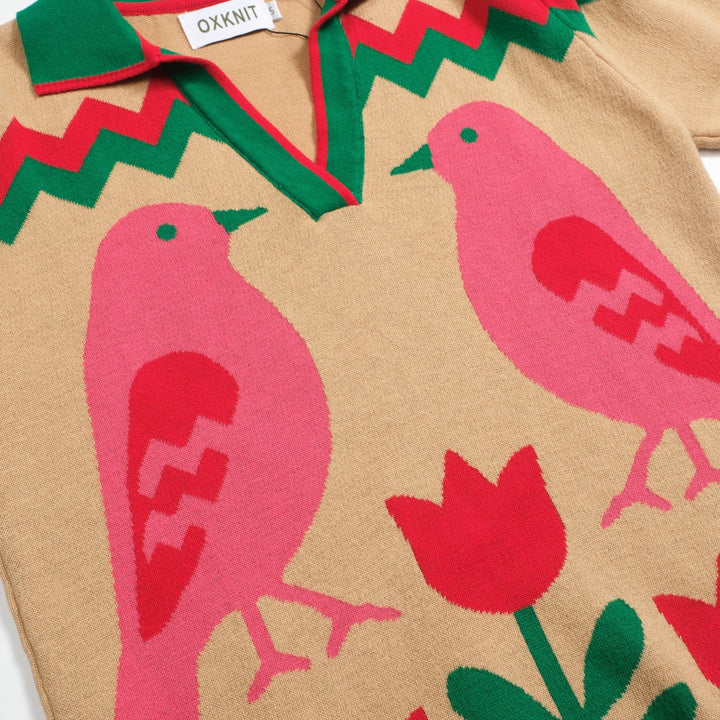 Dampikétröja med V-ringad grön djurblomma i jacquard