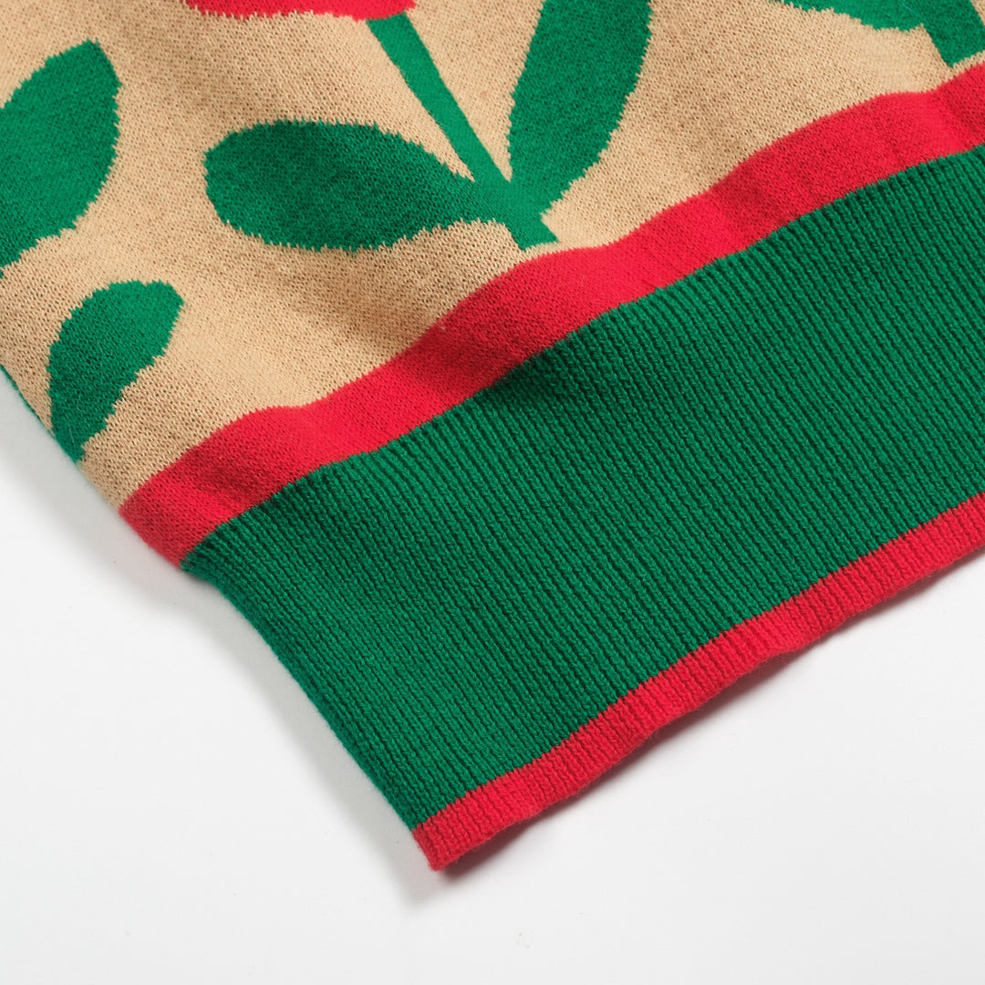 Dampikétröja med V-ringad grön djurblomma i jacquard