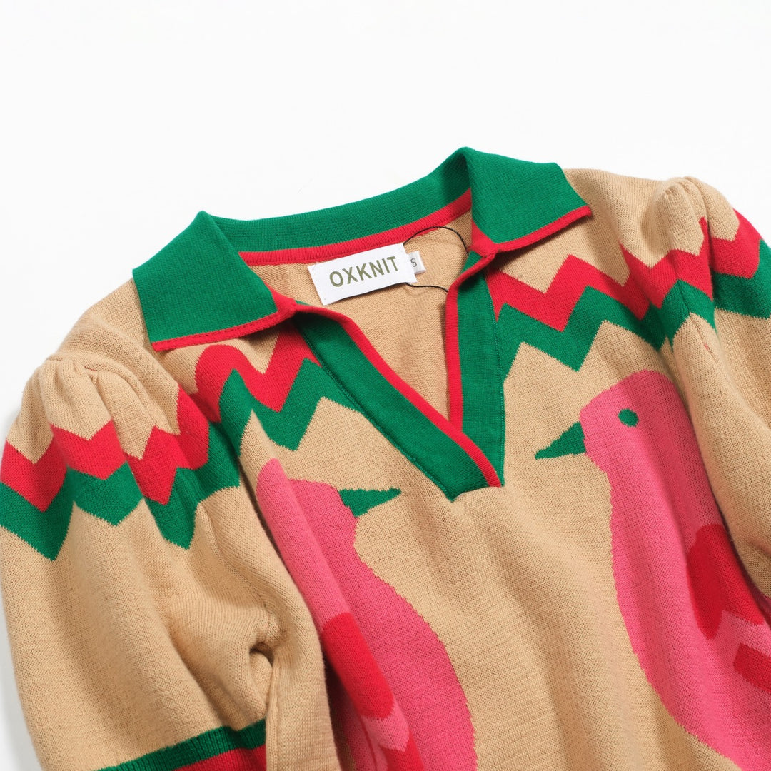 Dampikétröja med V-ringad grön djurblomma i jacquard