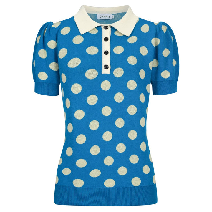 Women's vintage blue polka dot knitted bubble sleeve polo