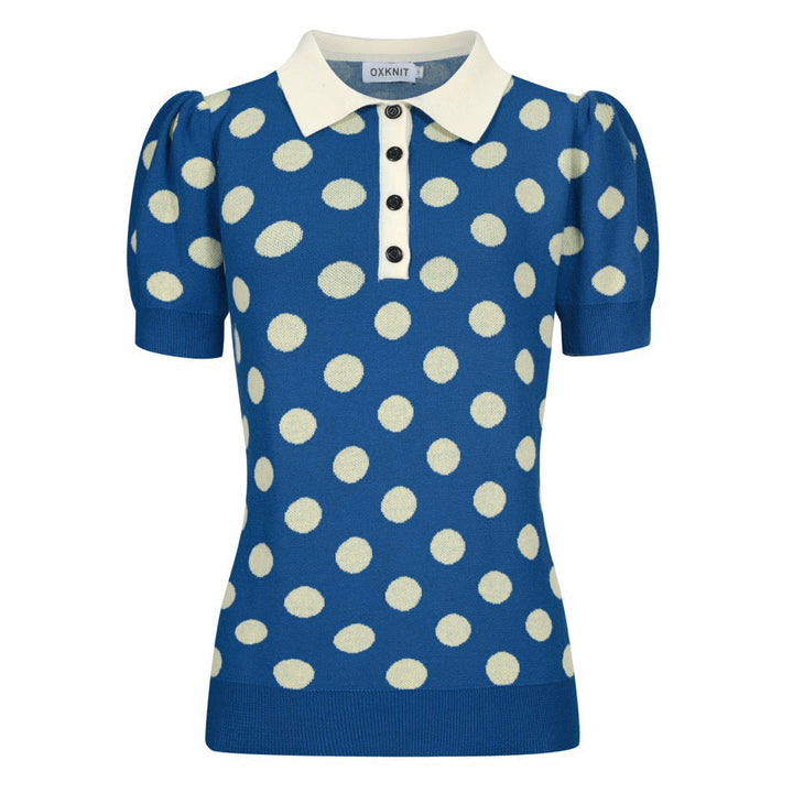 Women's vintage blue polka dot knitted bubble sleeve polo
