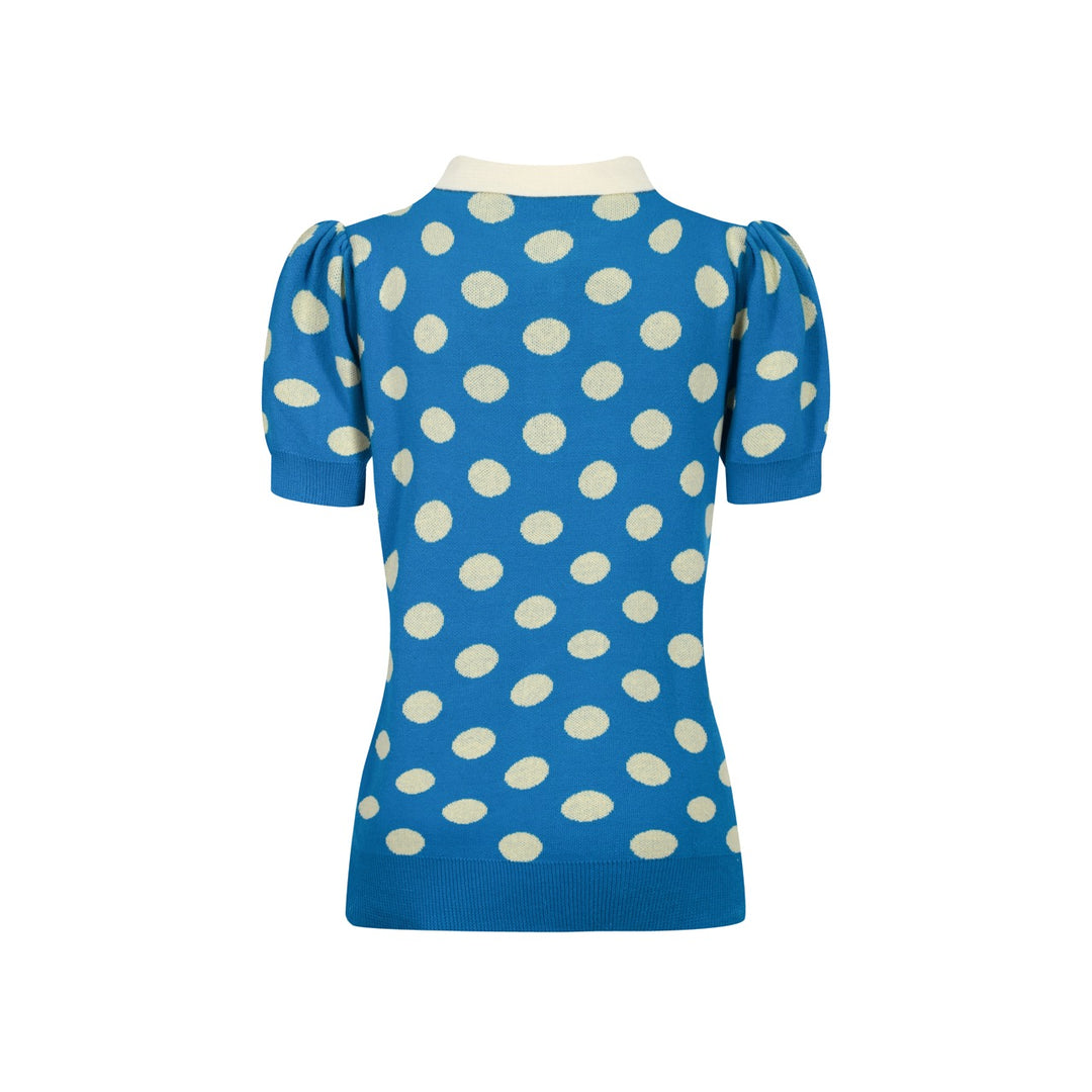 Women's vintage blue polka dot knitted bubble sleeve polo
