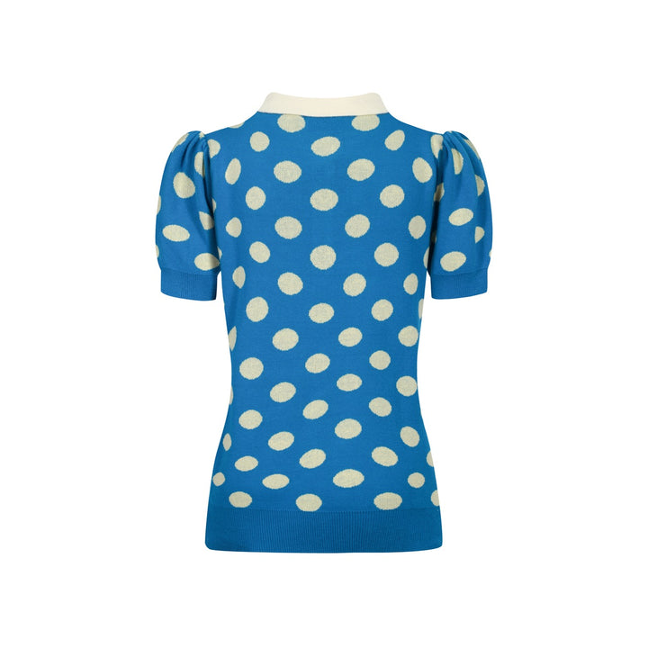 Women's vintage blue polka dot knitted bubble sleeve polo