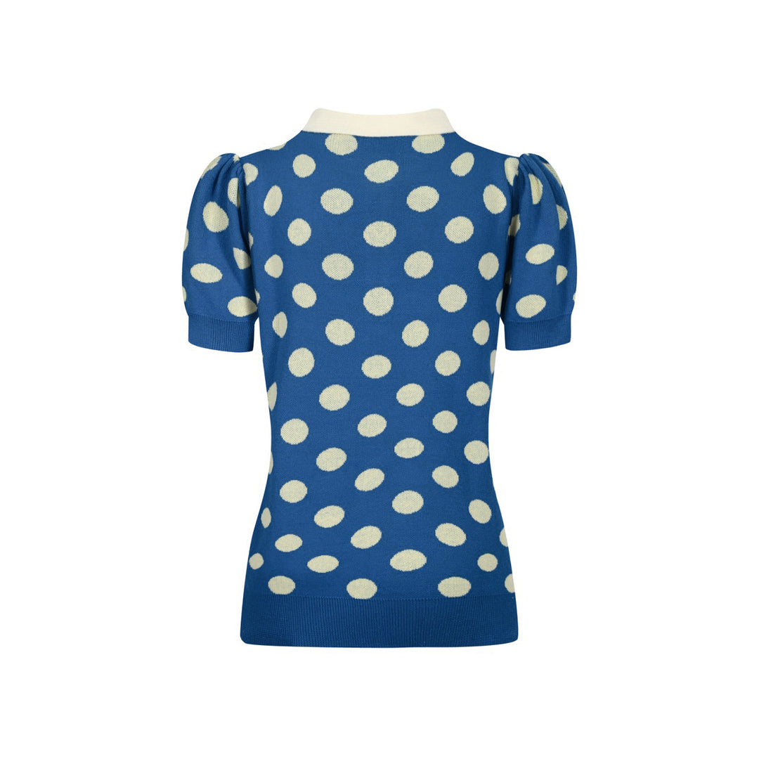 Women's vintage blue polka dot knitted bubble sleeve polo