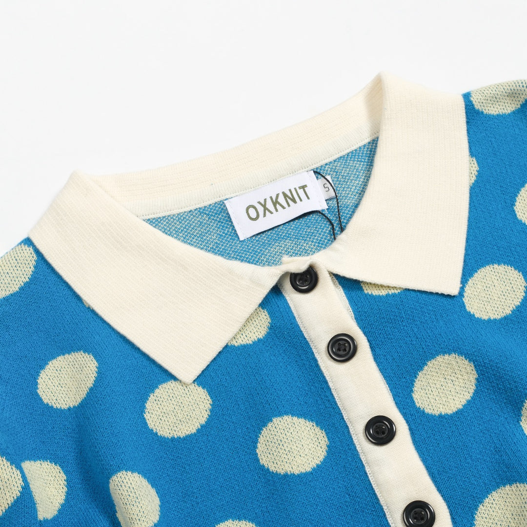 Women's vintage blue polka dot knitted bubble sleeve polo