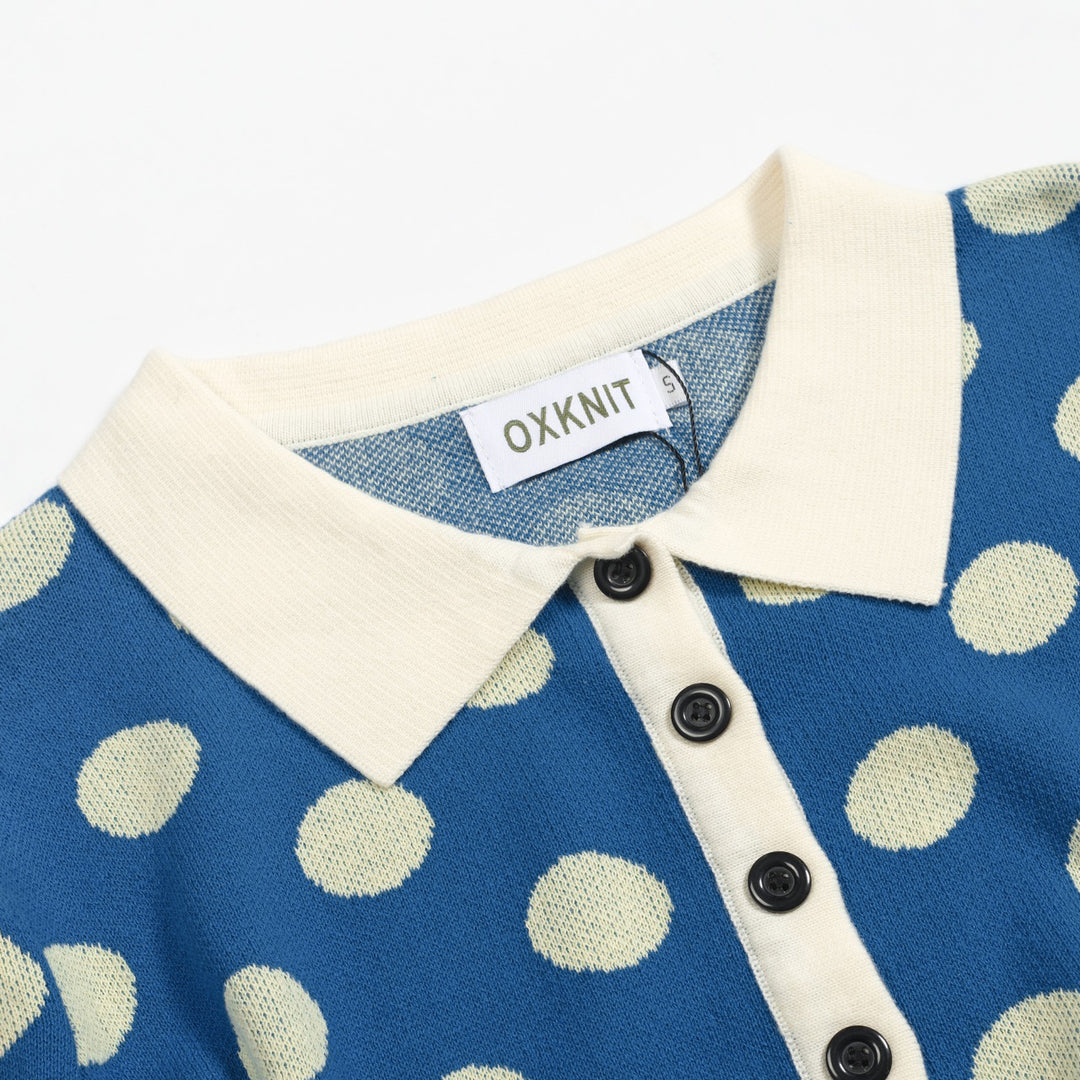 Women's vintage blue polka dot knitted bubble sleeve polo