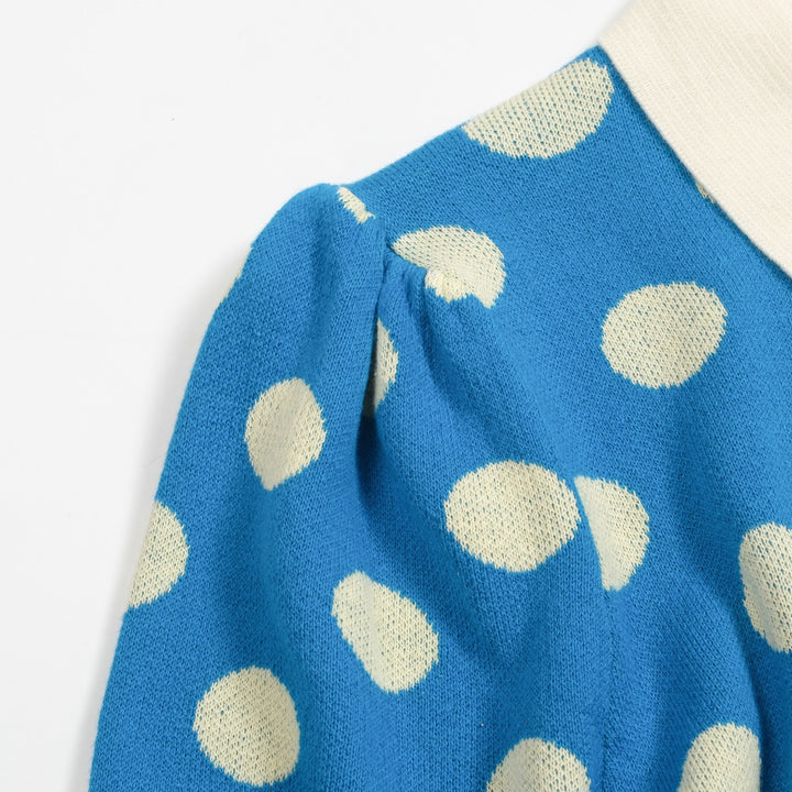 Women's vintage blue polka dot knitted bubble sleeve polo